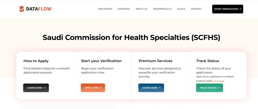 Step by step screenshot of Saudi Commission of Health Specialities SCFHS of Official Dataflow Portal