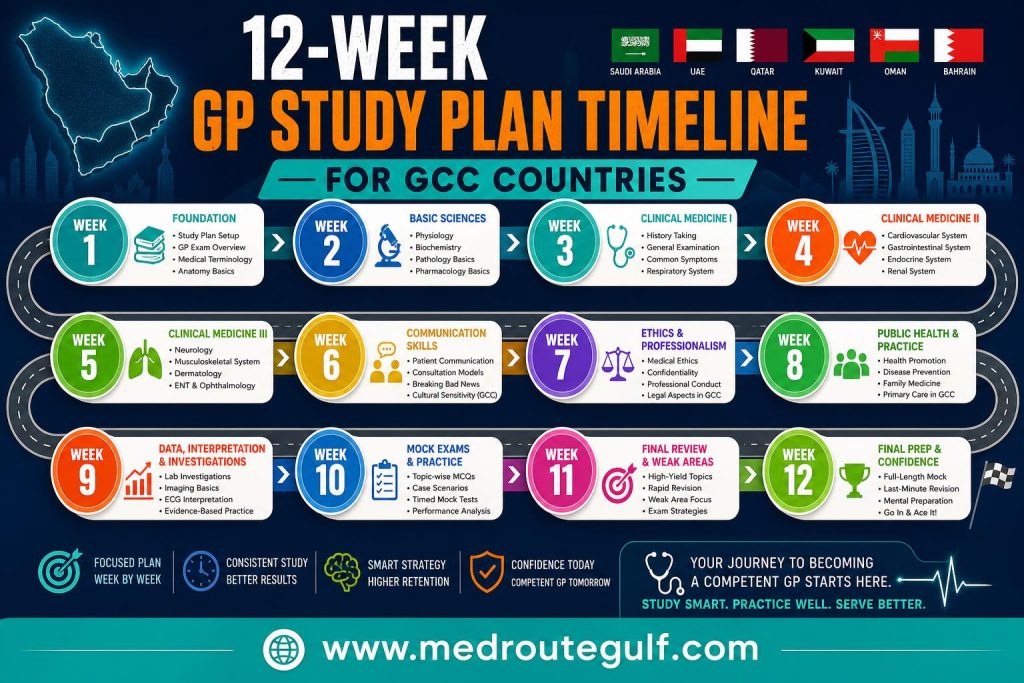 12-week structured study plan timeline for GP Prometric exam preparation GCC showing foundational, systems-based, and intensive mock test phases