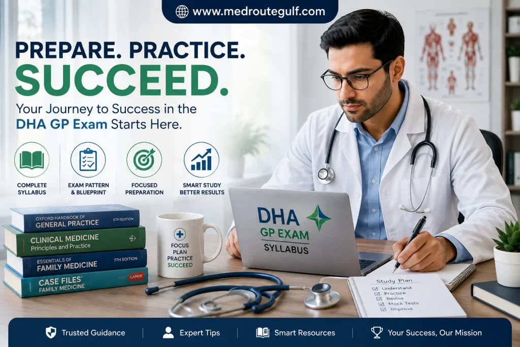 DHA GP exam syllabus study guide with stethoscope and laptop for General Practitioners