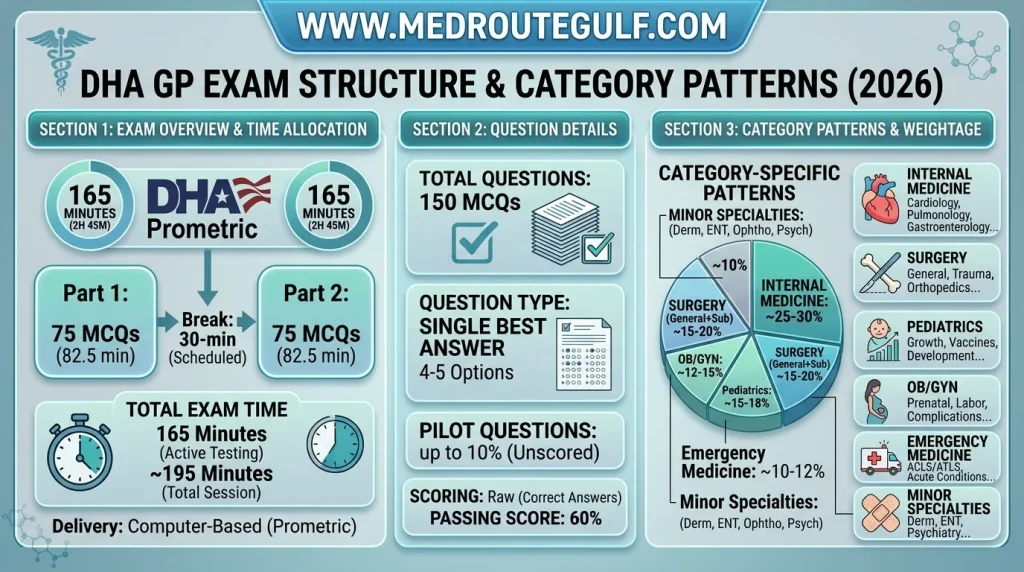 DHA GP exam format 2026 showing 150 MCQs, 170 minutes duration, and pass/fail system