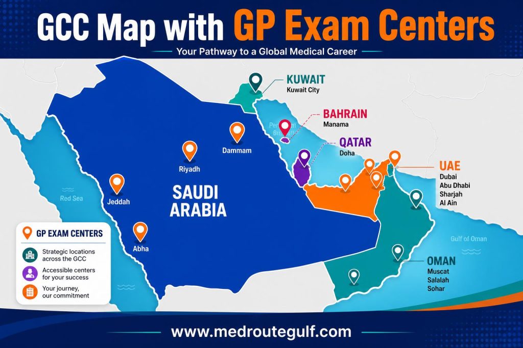 Geographical map showing Prometric and Pearson VUE test centers for GP Prometric exam preparation GCC across Saudi Arabia, UAE, Qatar, Oman, Bahrain, and Kuwait