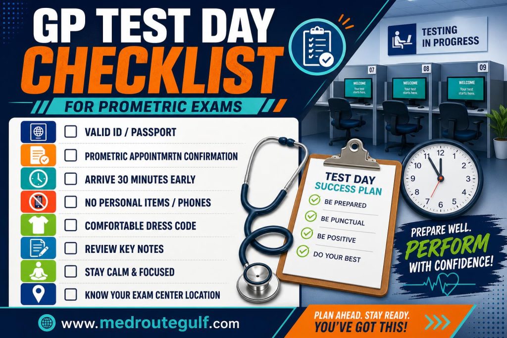 Exam day checklist for GP Prometric exam preparation GCC showing required identification documents, arrival times, and test center protocols