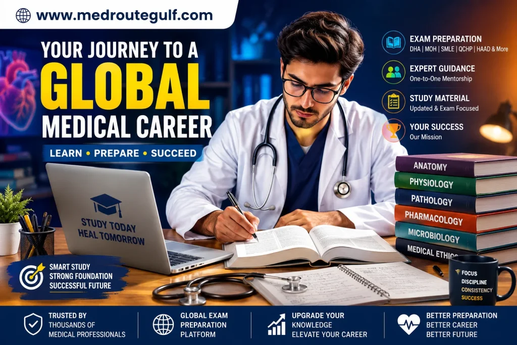 Doctor preparing for OMSB GP exam with books, laptop, and OMSB GP exam syllabus