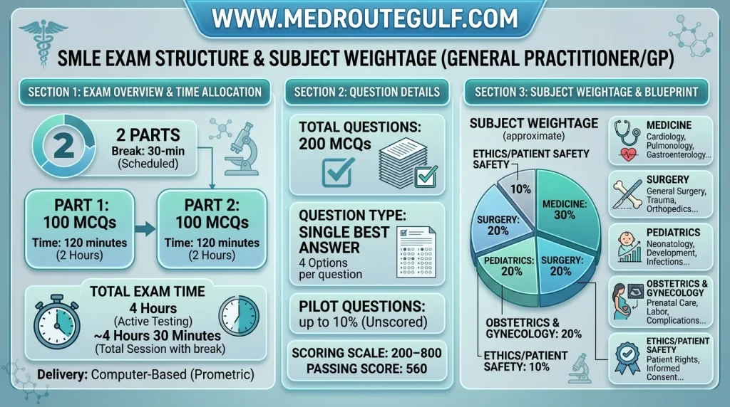 SMLE exam format 2026 showing 200 MCQs, 4 hours duration, and 68 percent passing score