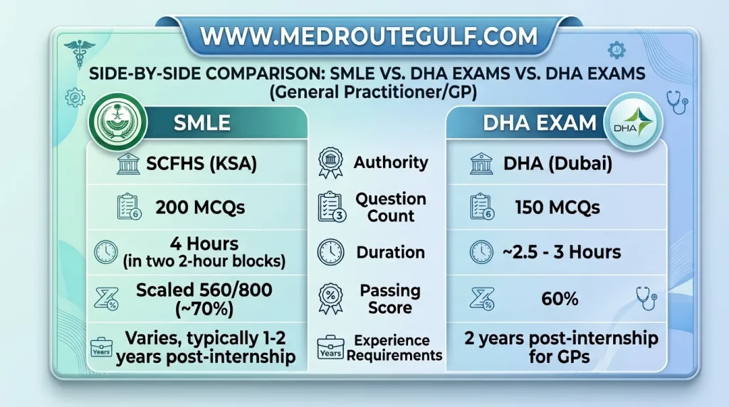 SMLE vs DHA comparison 2026 infographic showing exam format differences between Saudi and Dubai medical licensing