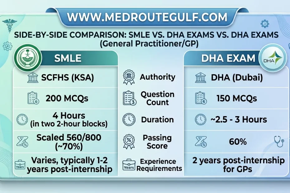 SMLE vs DHA comparison 2026 infographic showing exam format differences between Saudi and Dubai medical licensing