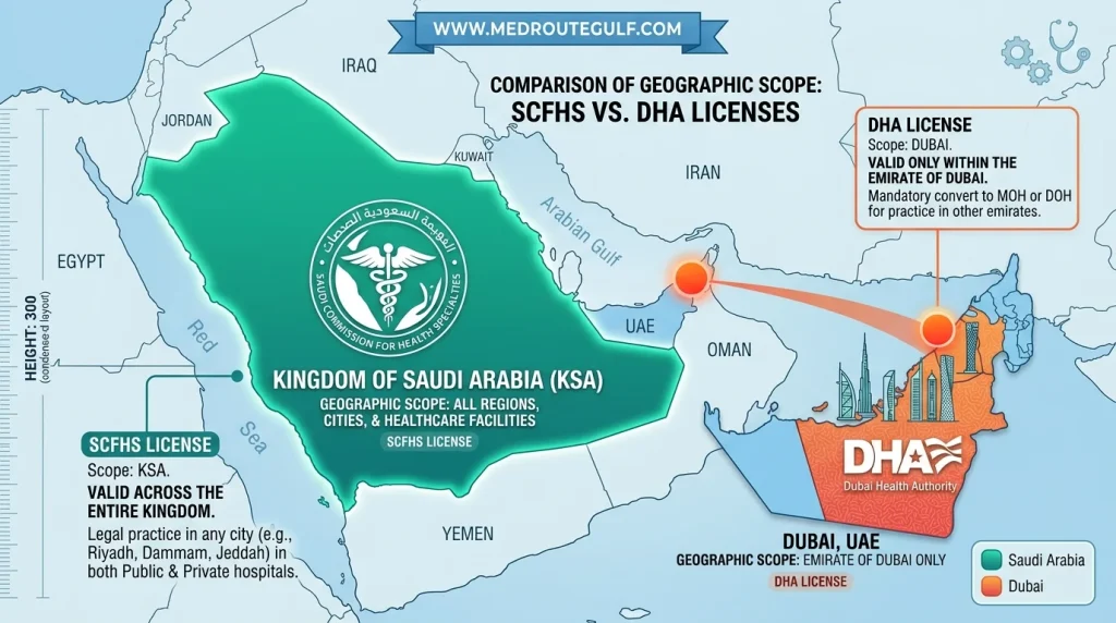Saudi vs Dubai medical licensing comparison map showing SCFHS and DHA pathways