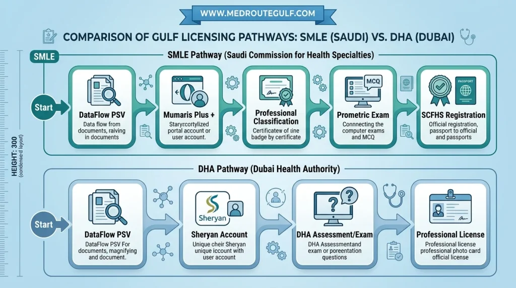 SMLE DHA comparison 2026 licensing process flowchart showing DataFlow, Mumaris Plus, and Sheryan pathways