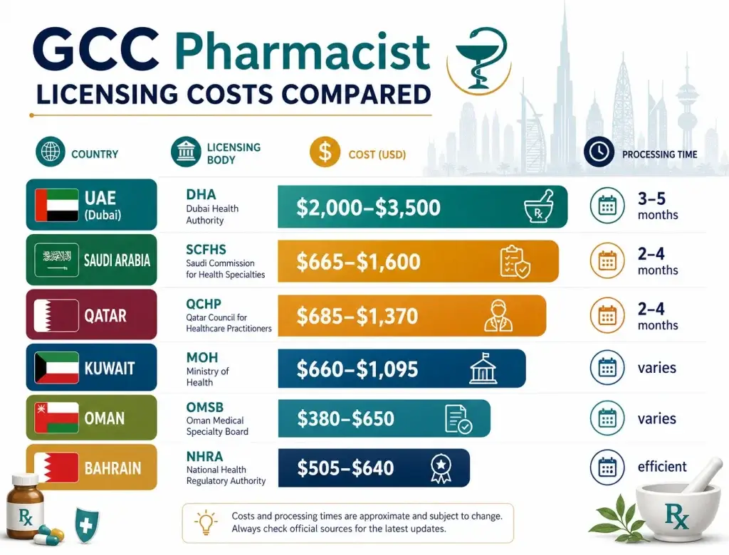GCC Pharmacist license cost, DataFlow verification pharmacist GCC, SPLE Saudi pharmacist exam, QCHP pharmacy exam, OMSB pharmacist exam, DHA vs MOH vs DOH pharmacist exam, NHRA pharmacist exam, GCC pharmacist license cost , Kuwait MOH pharmacist exam How to get pharmacist license in GCC