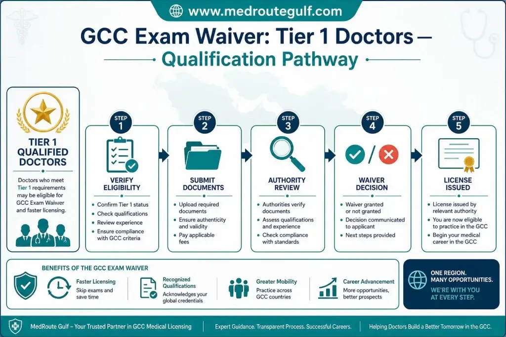 GCC exam waiver Tier 1 doctors infographic showing UK CCT, US ABMS Board Certification, Canadian FRCPC-FRCSC, Australian FRACP-FRACS, and Western European qualifications