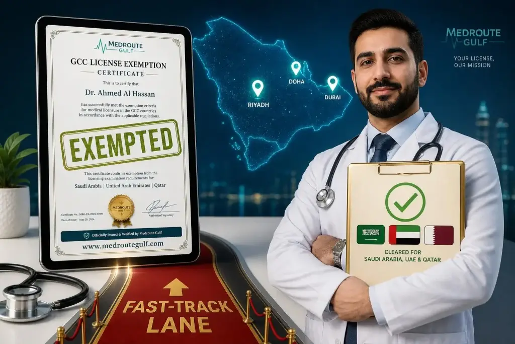 Ultimate guide to prometric exam exemptions GCC featuring EXEMPTED certificate on tablet verified by www.medroutegulf.com, doctor with golden clipboard, and glowing GCC map of Saudi, UAE & Qatar.
