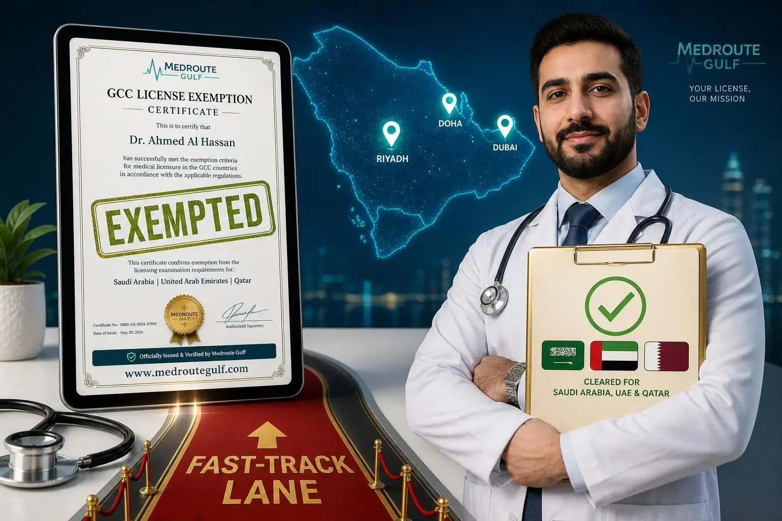 Ultimate guide to prometric exam exemptions GCC featuring EXEMPTED certificate on tablet verified by www.medroutegulf.com, doctor with golden clipboard, and glowing GCC map of Saudi, UAE & Qatar.