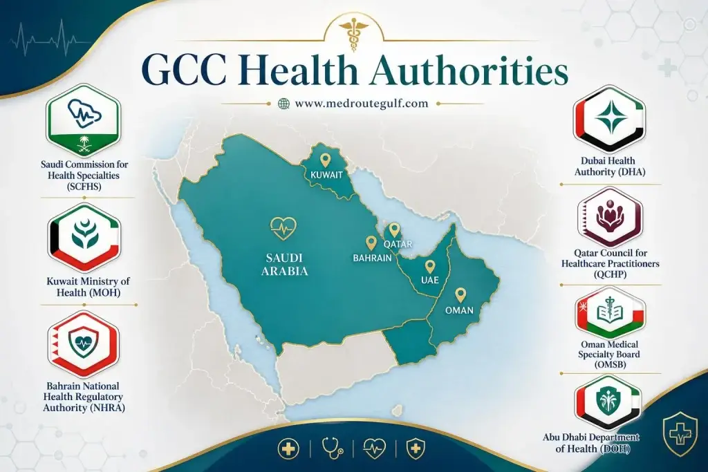 GCC countries map featuring DHA Dubai, DOH Abu Dhabi, SCFHS Saudi Arabia, QCHP Qatar, OMSB Oman, and NHRA Bahrain logos for Prometric exam exemptions GCC