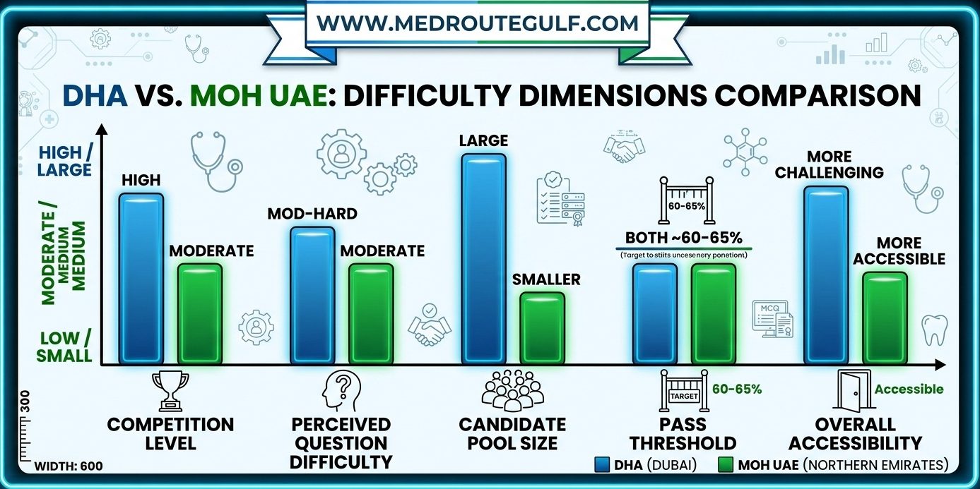Difficulty comparison bar chart showing MOH UAE as less competitive than DHA, analyzing the DHA vs MOH exam difficulty across multiple factors.