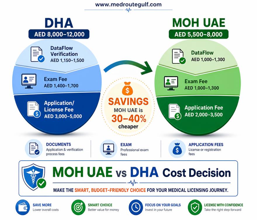 Cost comparison infographic breaking down DHA vs MOH UAE total licensing fees, including DataFlow, exam, and application charges.