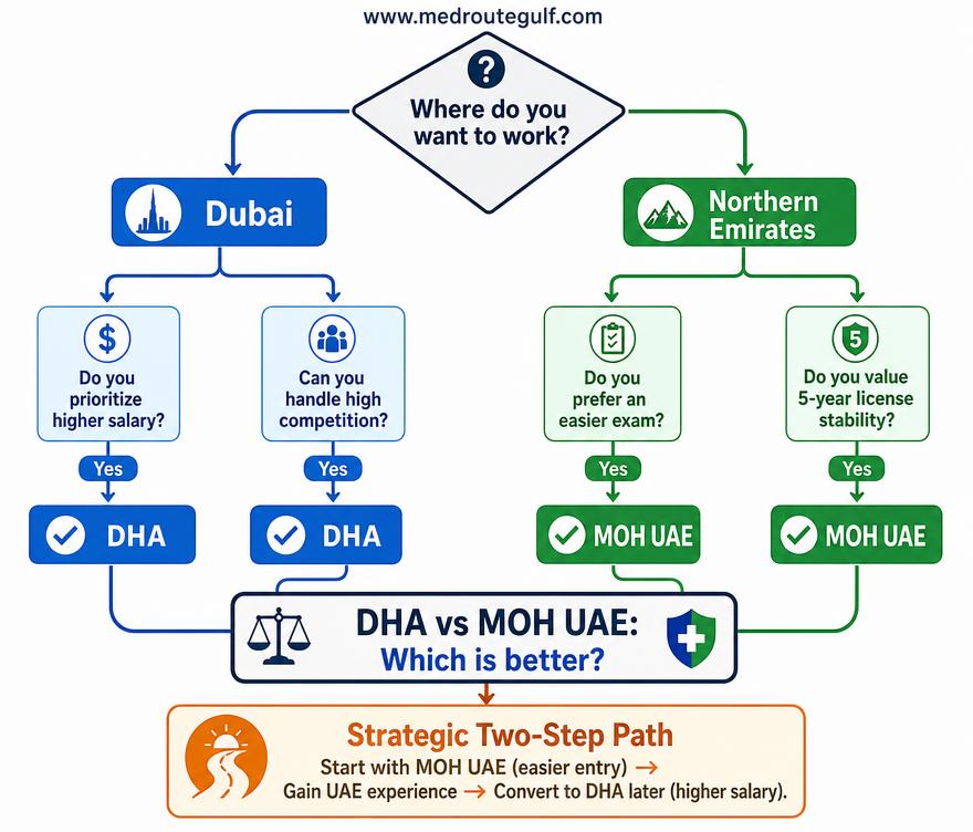Decision flowchart for choosing between DHA vs MOH UAE GP exam, answering DHA vs MOH UAE: Which is better? based on career priorities.