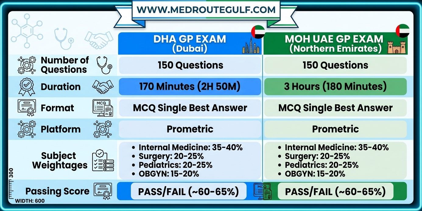 Side-by-side comparison table of MOH UAE vs DHA GP exam formats