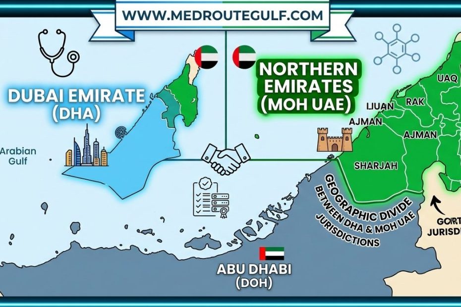 UAE map highlighting DHA jurisdiction in Dubai and MOH UAE jurisdiction in the Northern Emirates, illustrating the MOH UAE VS DHA geographic divide.