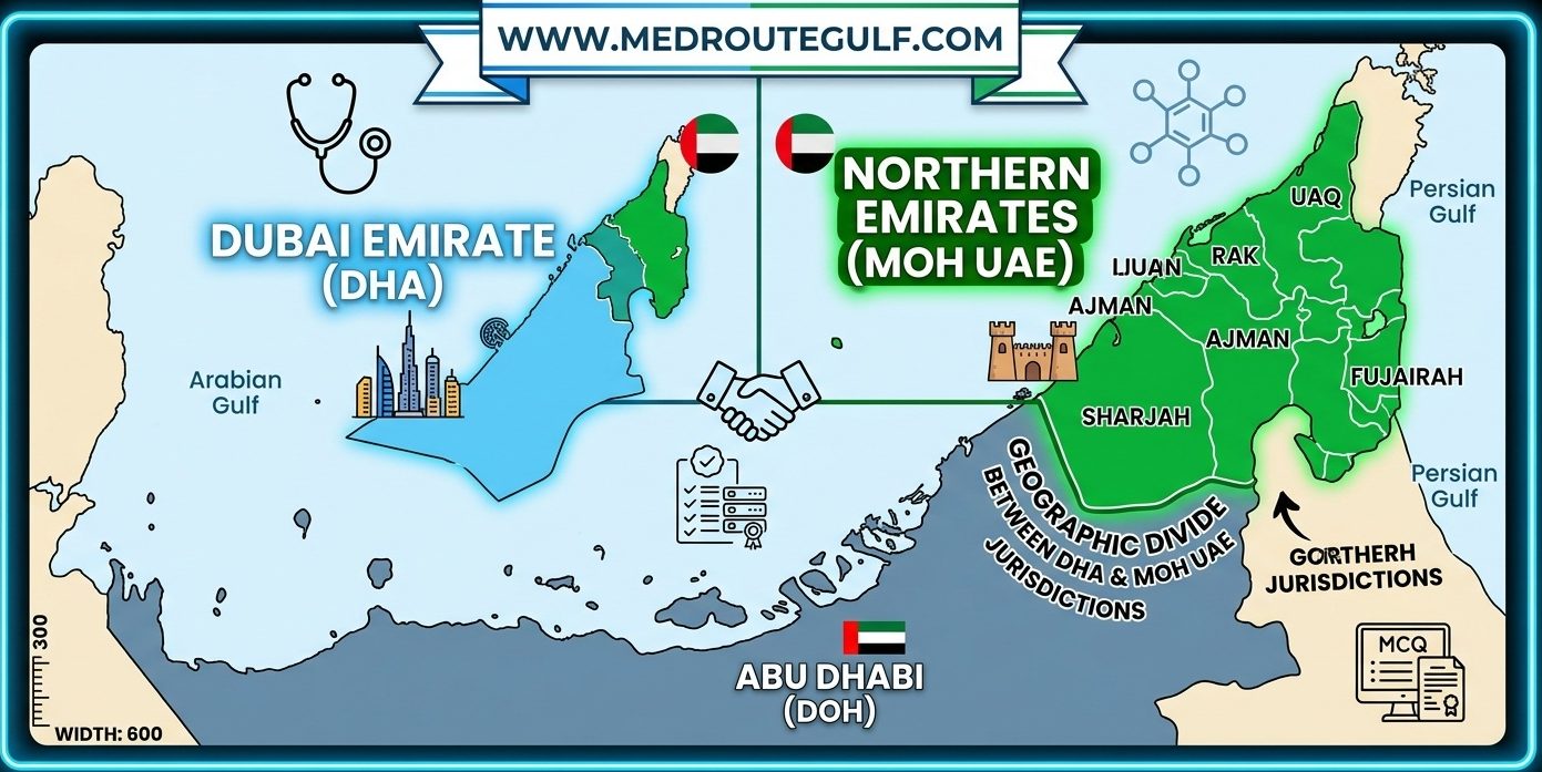 UAE map highlighting DHA jurisdiction in Dubai and MOH UAE jurisdiction in the Northern Emirates, illustrating the MOH UAE VS DHA geographic divide.