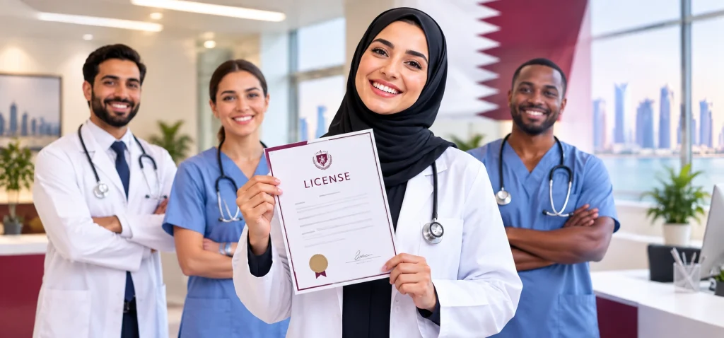 Healthcare professional celebrating successful Qatar healthcare license issuance after passing QCHP exam