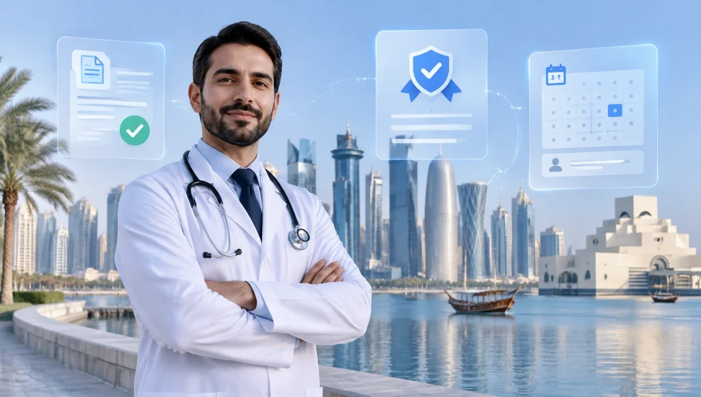 Healthcare professional overlooking Doha skyline representing Qatar healthcare licensing journey from DataFlow to QCHP exam